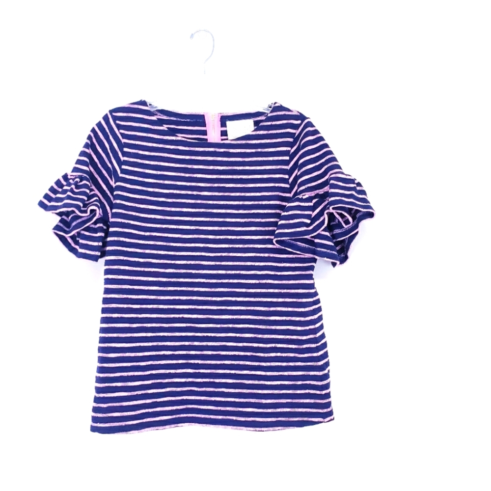 Sail to Sable Navy Blue Pink Stripe Ruffle Sleeve French Terry Blouse Medium - Picture 5 of 12